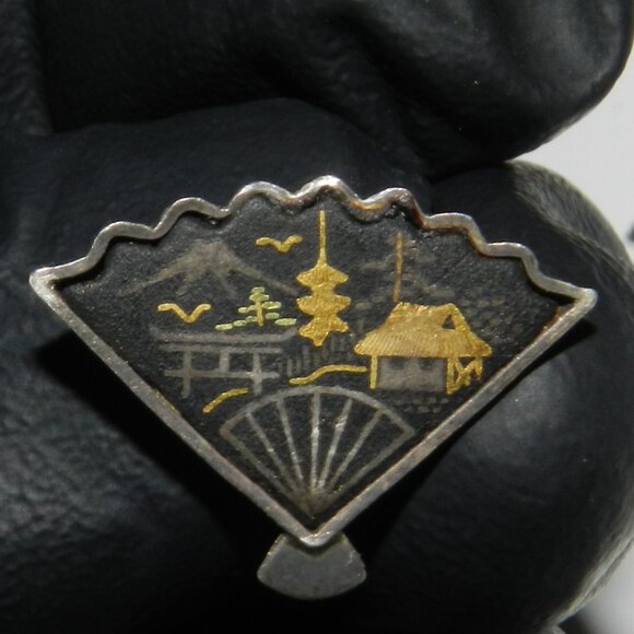 Vintage Silver Earrings Damascene Fan Japan Gold Tone - Picture 5 of 12